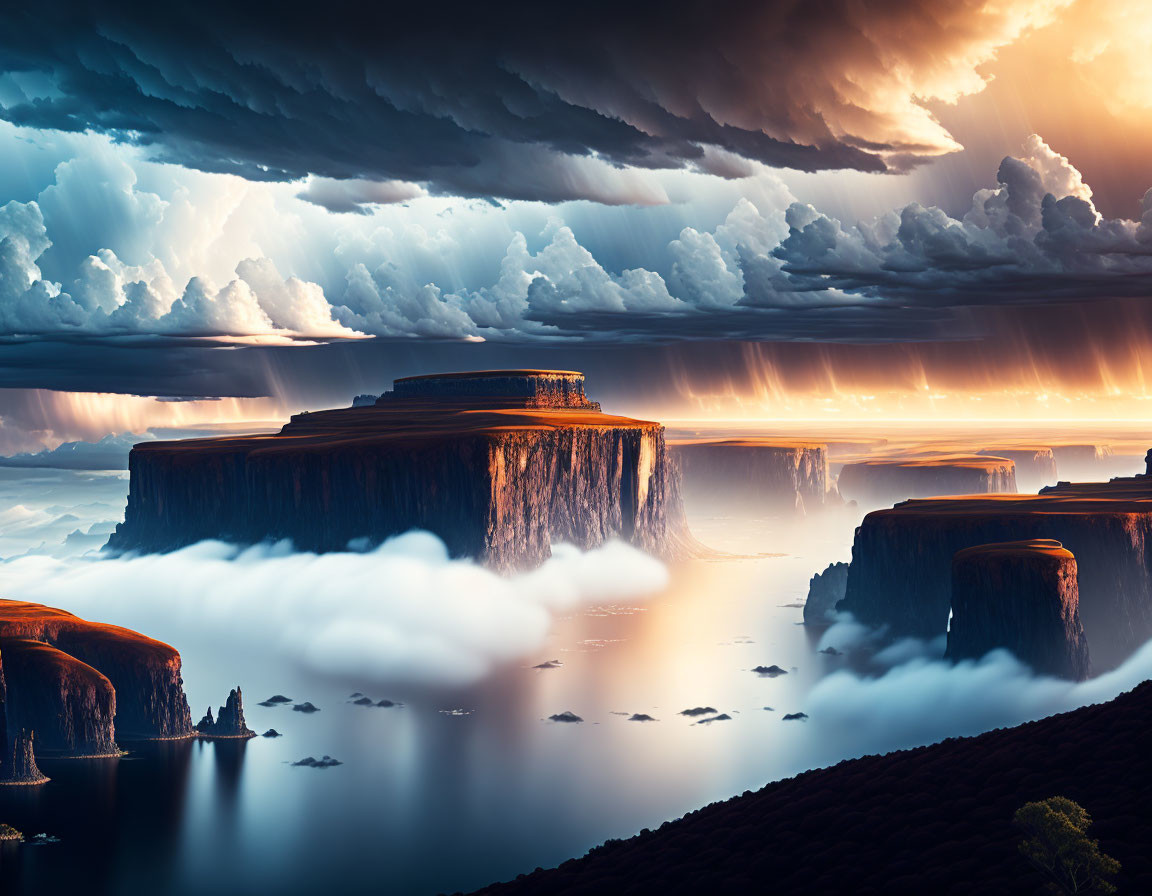 Dramatic Sky Over Plateaus and Waterfalls