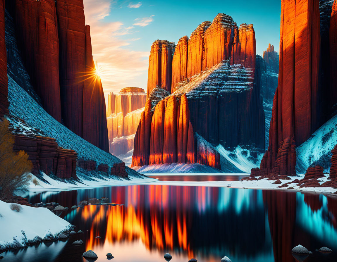 Snow-capped red rock canyon at sunrise with tranquil river and vibrant cliffs