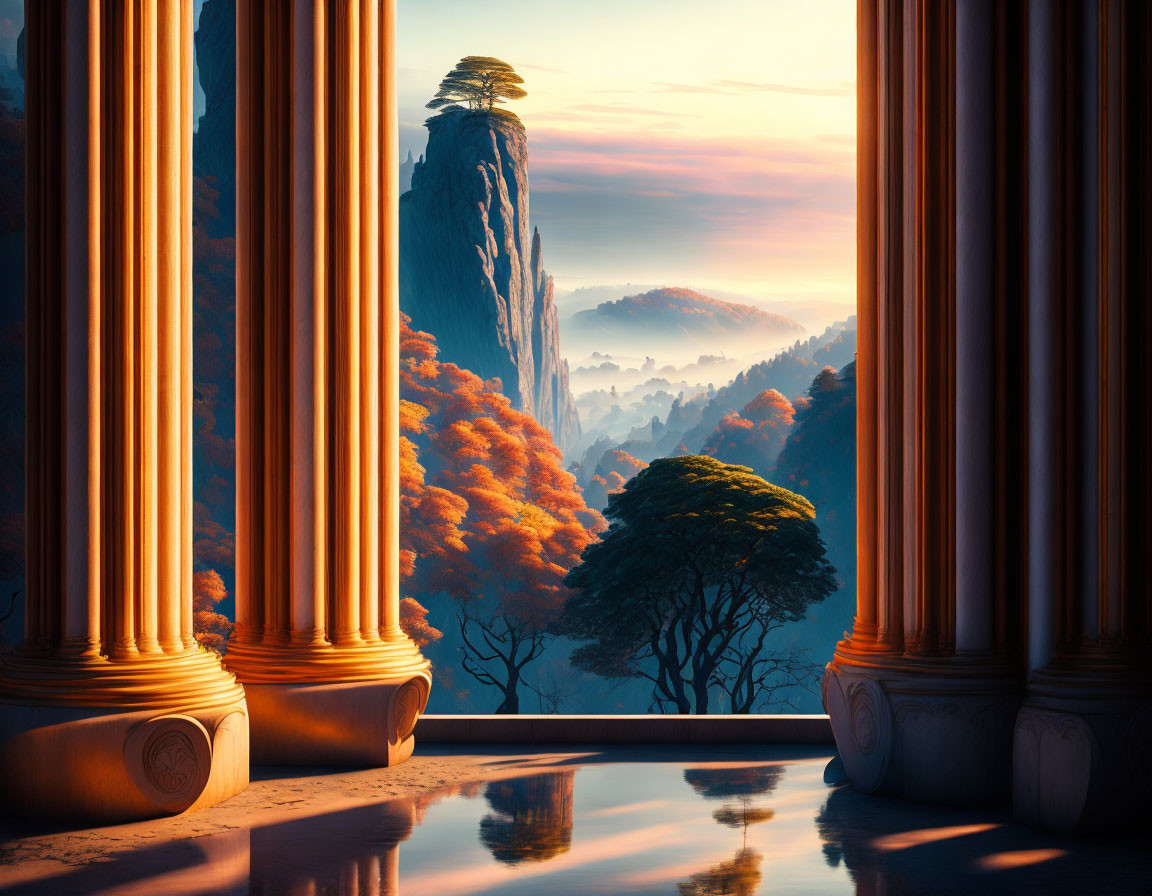 Classical structure with pillars overlooking serene sunrise landscape