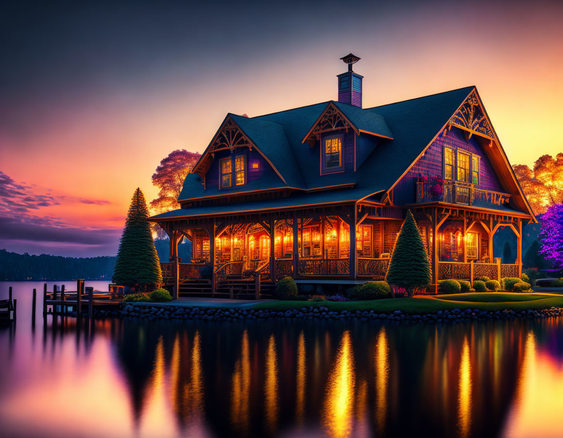 Twilight lake house with illuminated windows and vibrant sunset sky