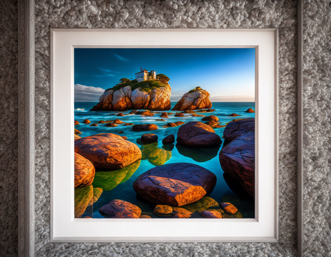 Coastal landscape with lighthouse on rocky cliffs