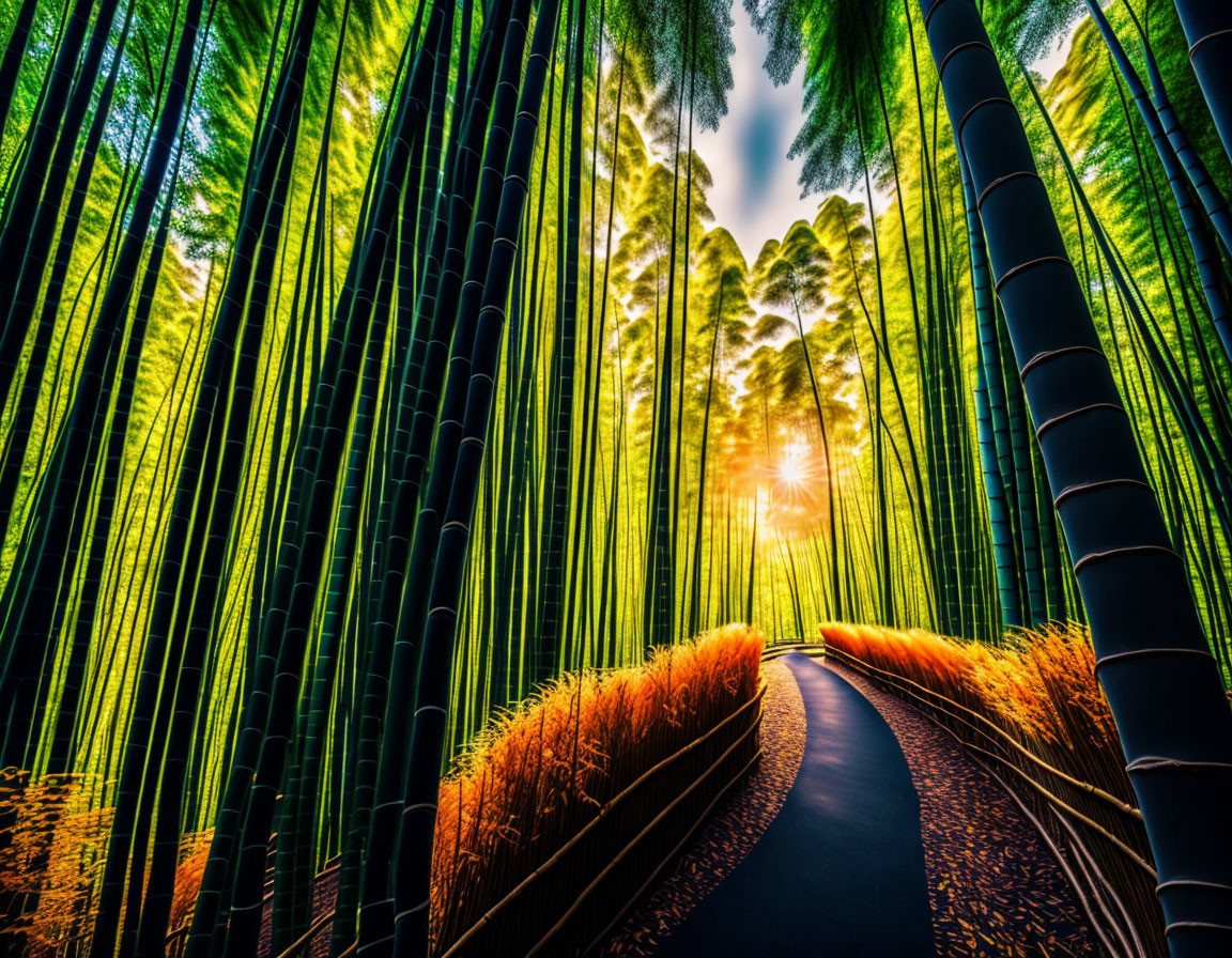 Sunlit bamboo forest path with serene atmosphere