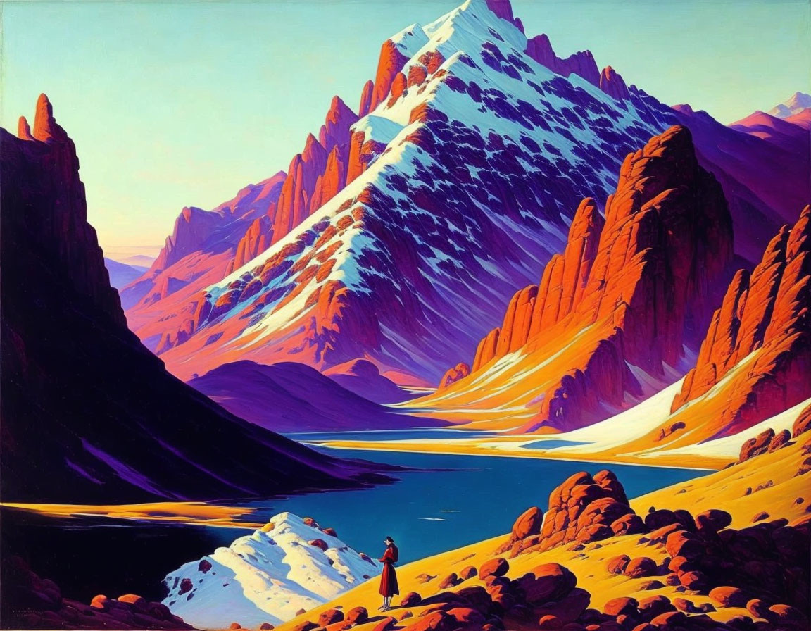 Colorful painting of person by alpine lake with purple and orange mountains under blue sky