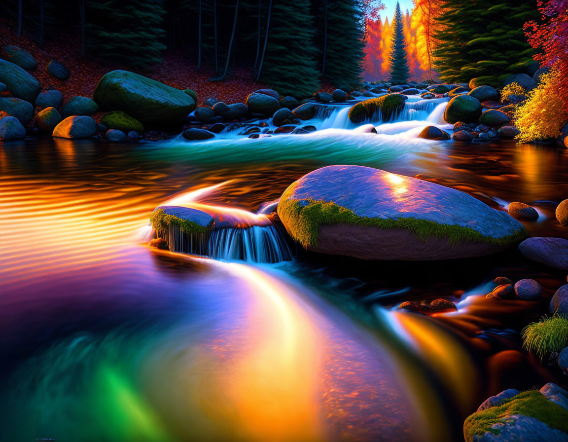 Scenic autumn forest with river under golden sunlight