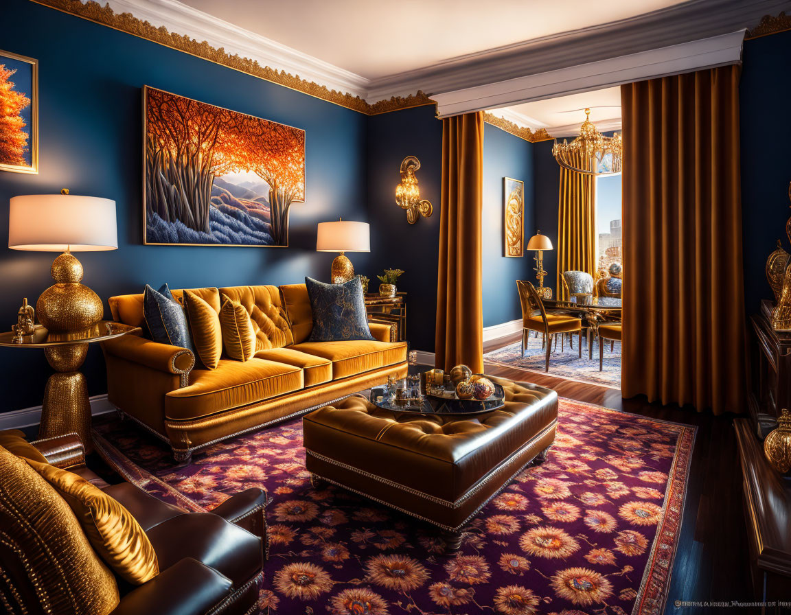 Luxurious Living Room with Deep Blue Walls and Gold Accents