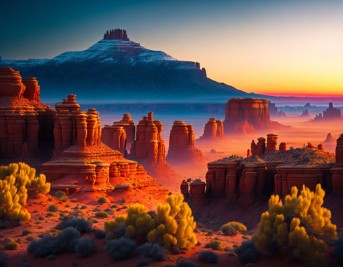 Vibrant sunrise over desert landscape with sandstone formations and snow-capped mountain