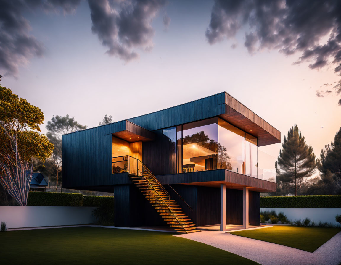 Contemporary two-story house with large glass windows, exterior lighting, and floating staircase in a tree-filled