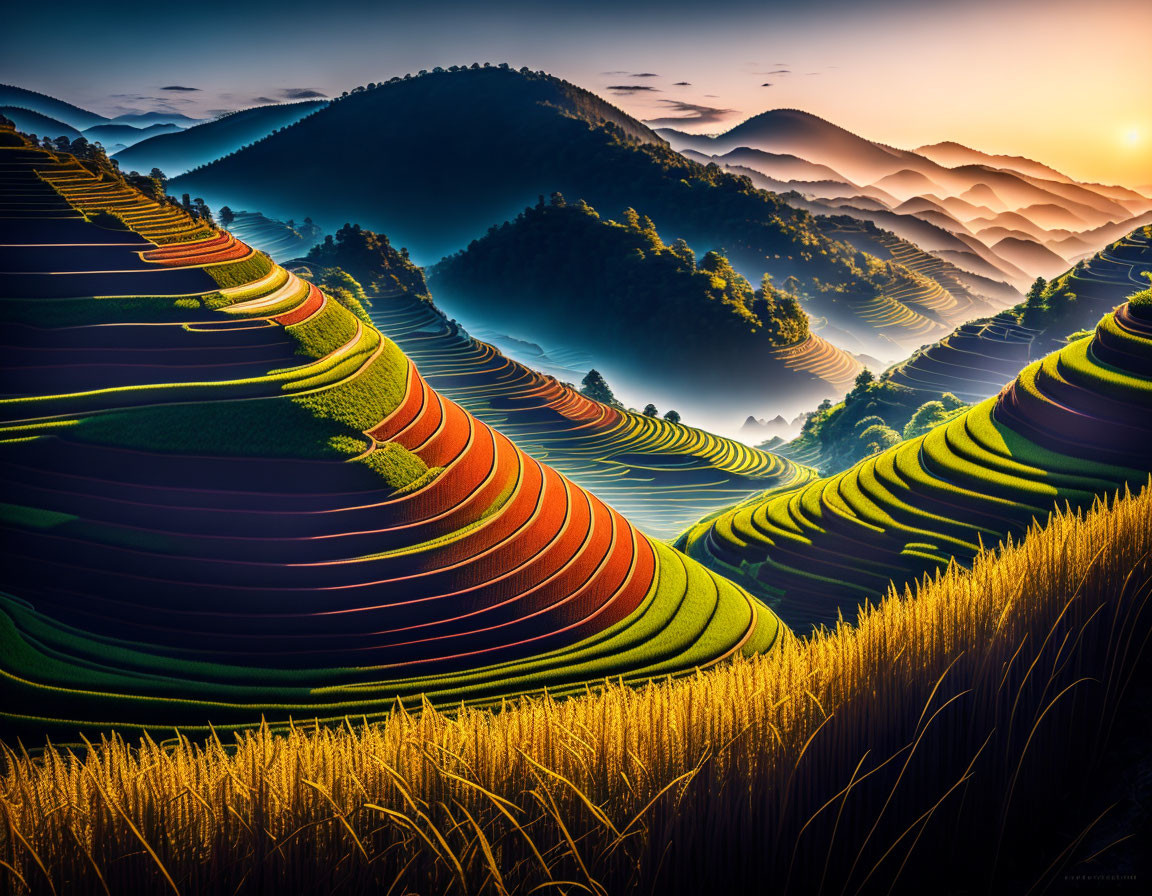 Colorful terraced fields on hill slopes at sunrise with mist in valleys