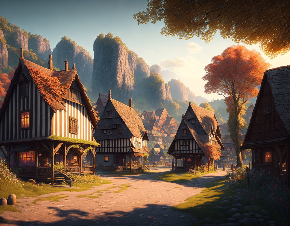 Medieval village with half-timbered houses, cobblestone path, lush trees, cliffs