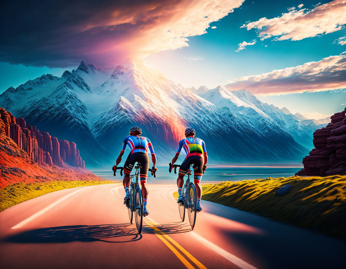 Cyclists on winding road in snowy mountains at sunset