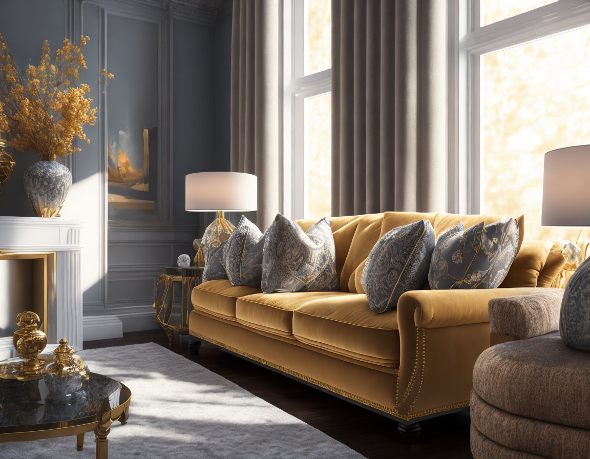 Golden-Yellow Sofa and Patterned Cushions in Elegant Living Room