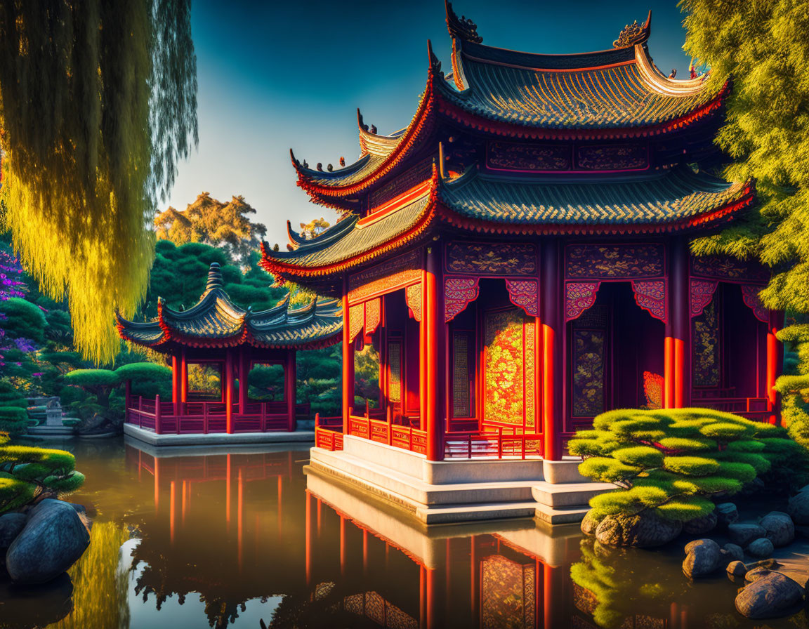 Traditional Chinese Pavilion Surrounded by Greenery and Pond