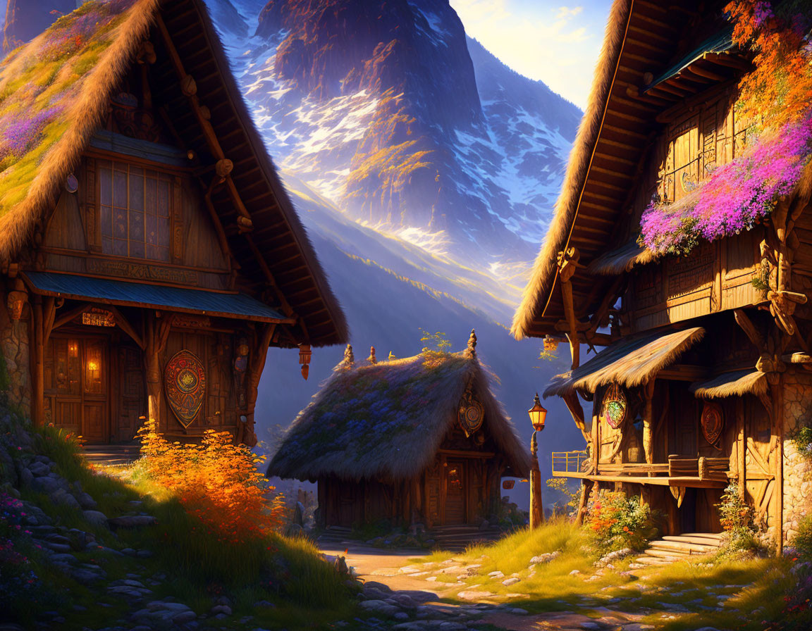 Tranquil fantasy village with thatched-roof cottages nestled near mountains at sunset