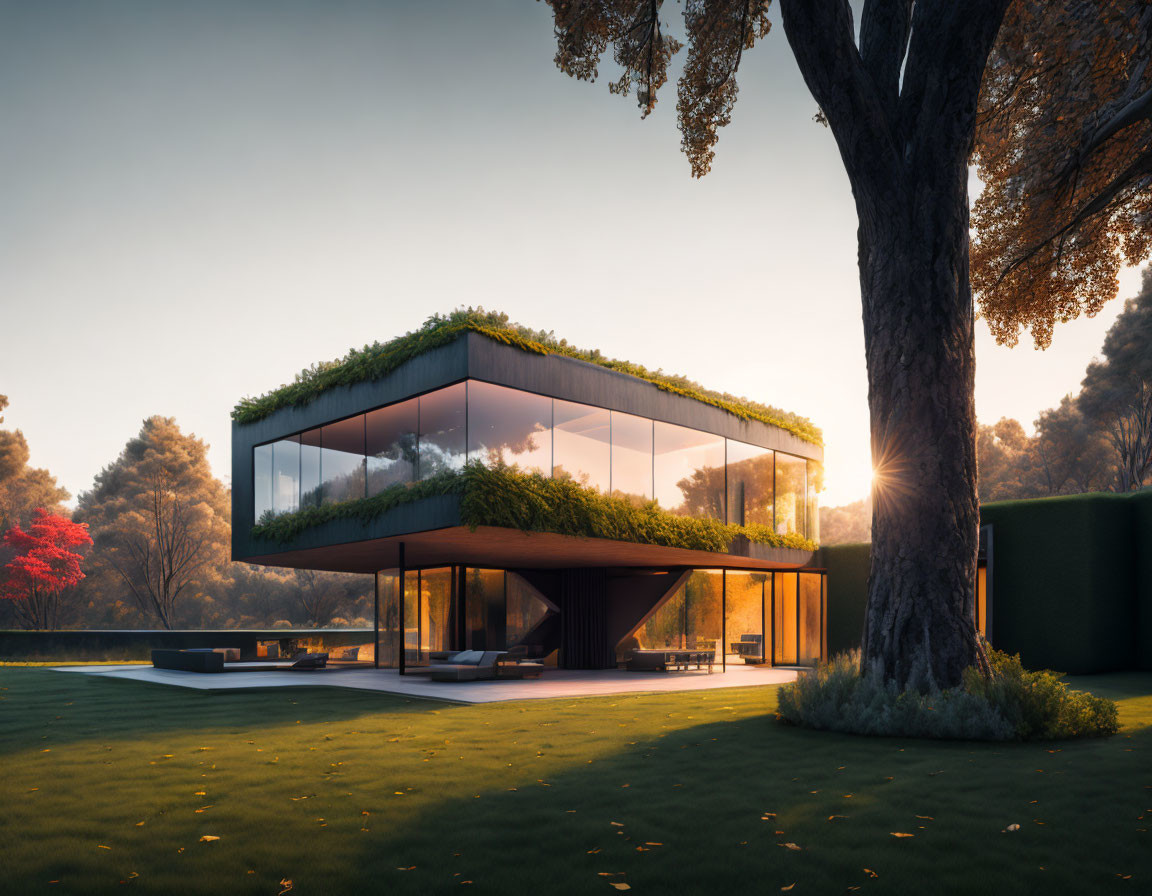 Contemporary Glass House with Green Roof Among Trees at Sunrise