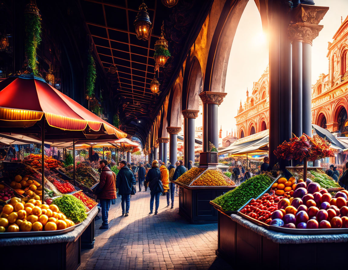 Vibrant outdoor market with colorful fruit stalls under ornate metal structure