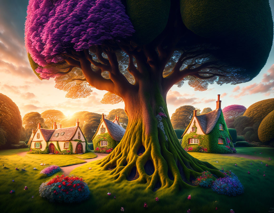 Colorful Landscape with Oversized Trees, Thatched Cottages, and Glowing Sunset