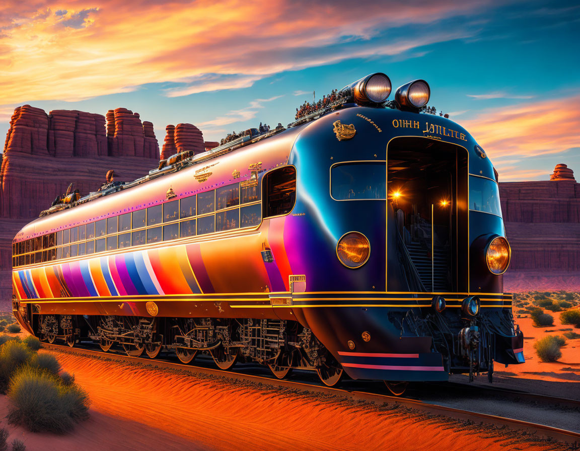 Colorful Vintage Train "OHMY JOLLITER" in Desert Sunset