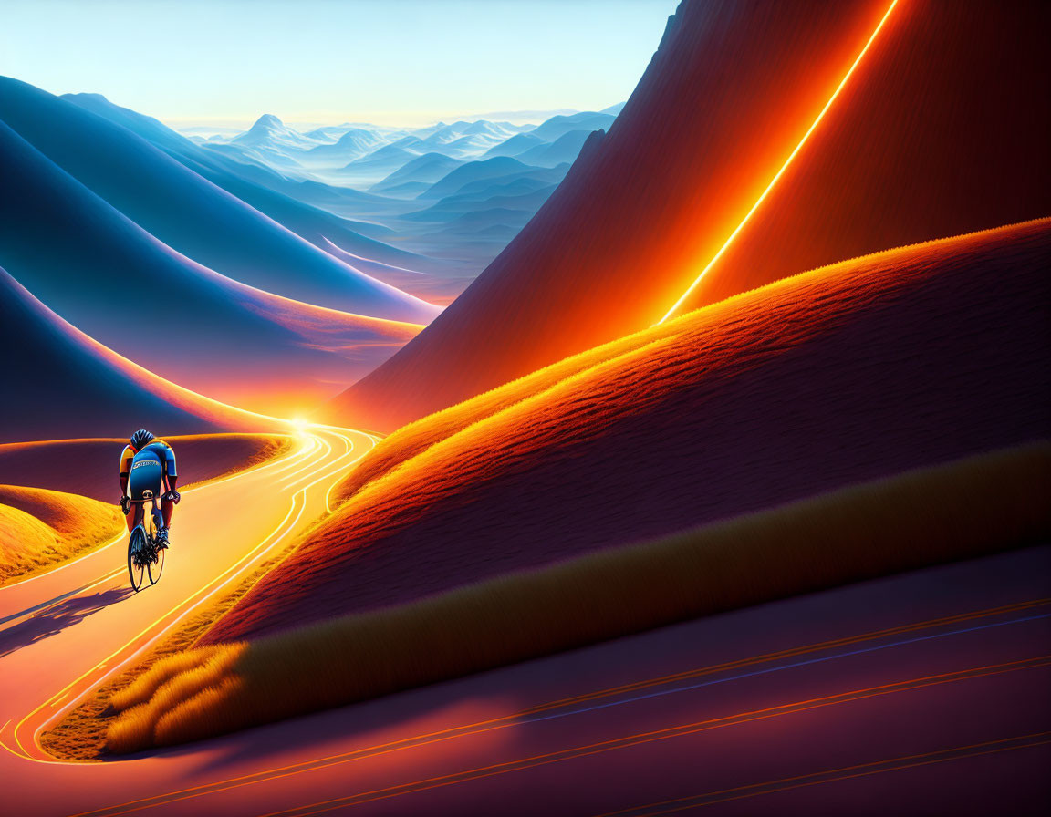 Cyclist on winding road through glowing hills at sunrise/sunset