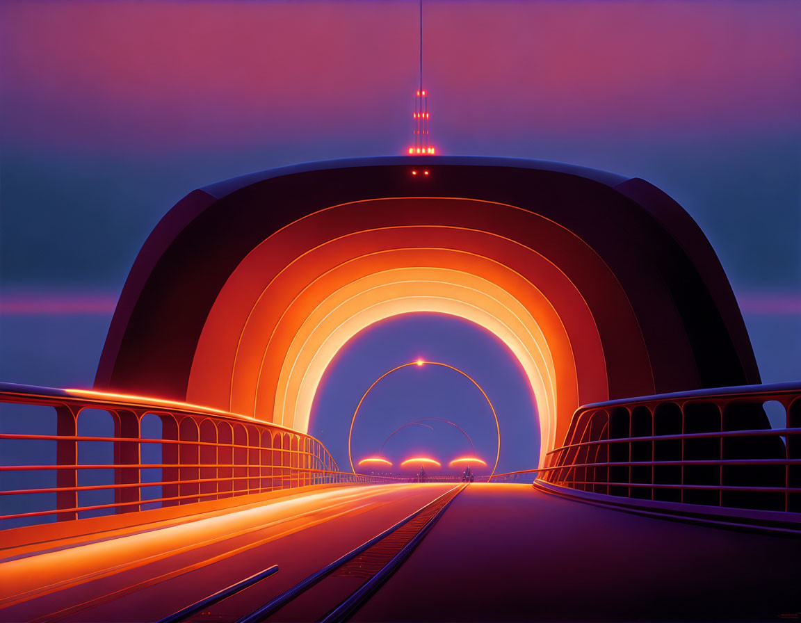 Vibrant orange glow in illuminated tunnel under purple sky