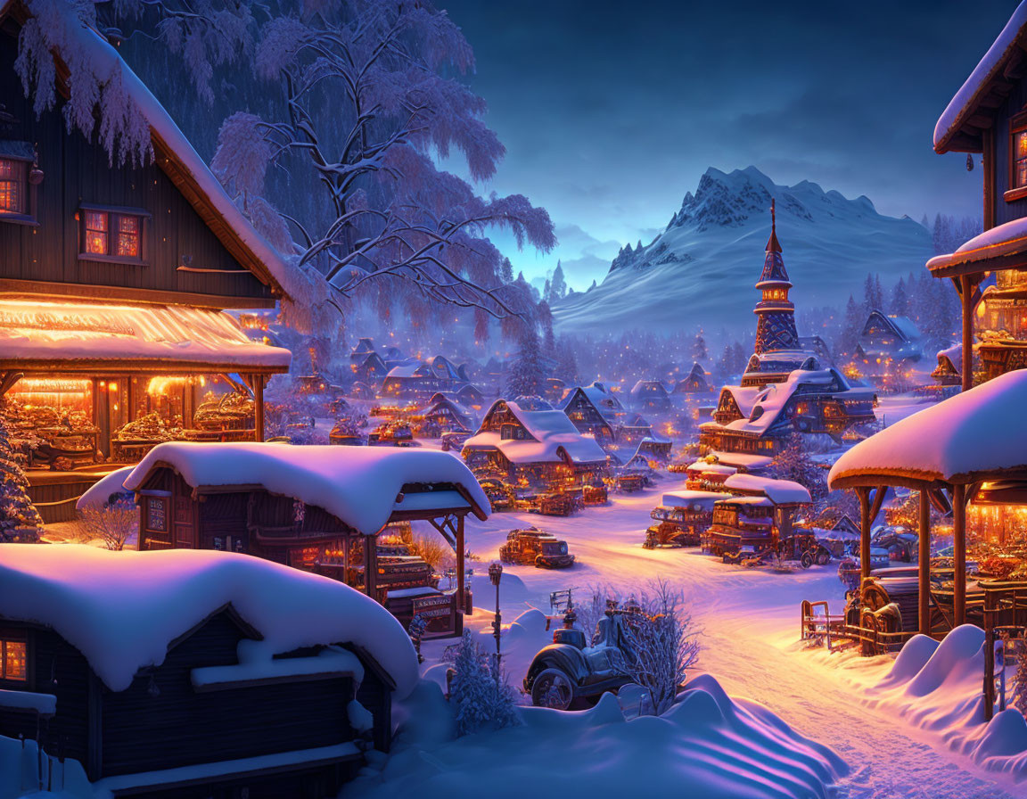 Snow-covered winter village at twilight with glowing lights & mountain backdrop