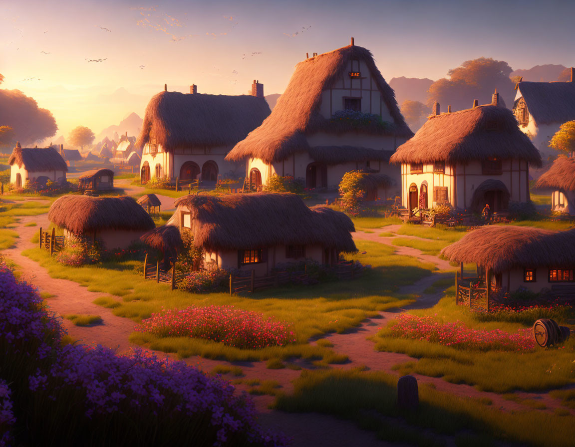 Tranquil sunset village with thatched-roof cottages