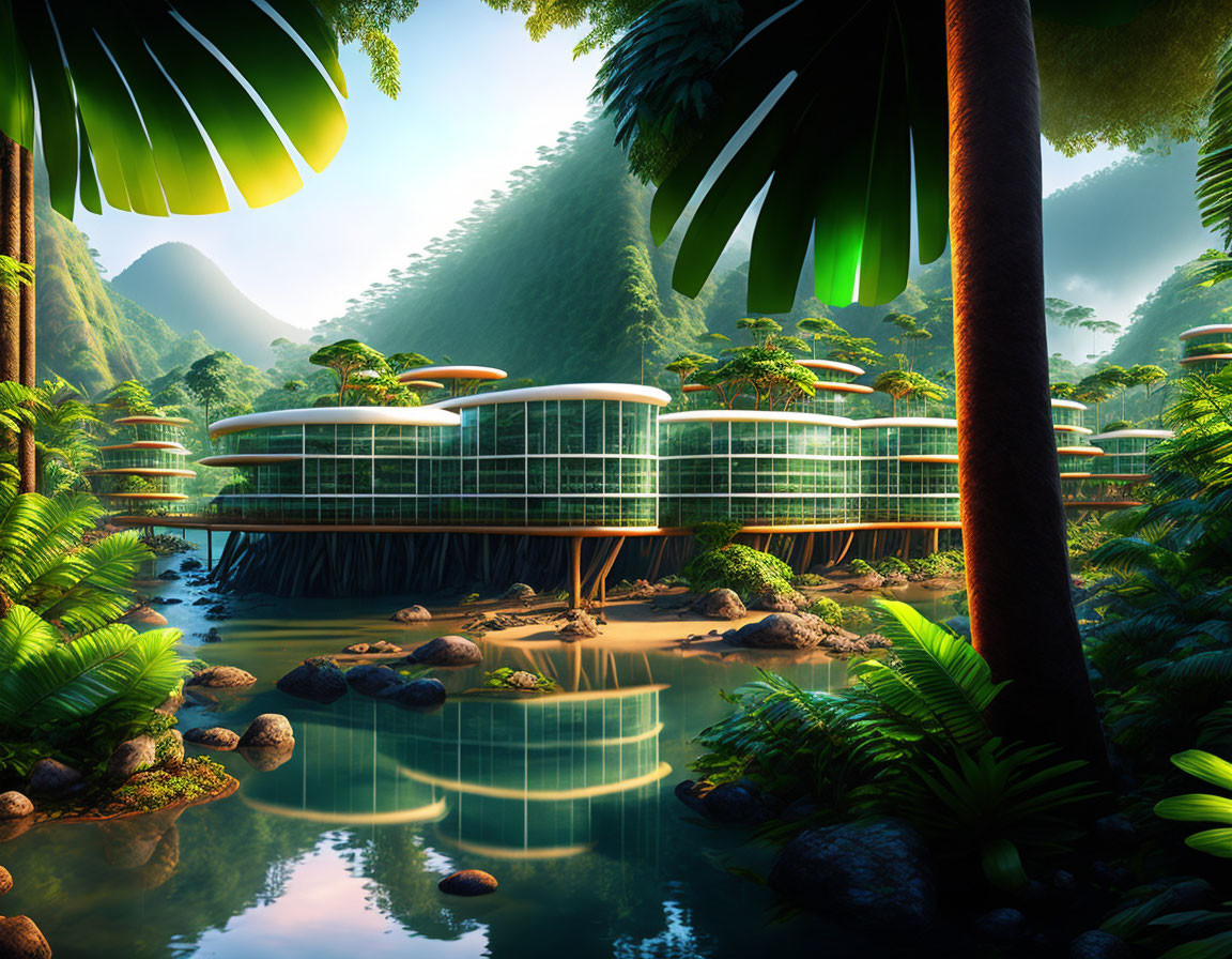 Futuristic circular buildings in lush tropical forest