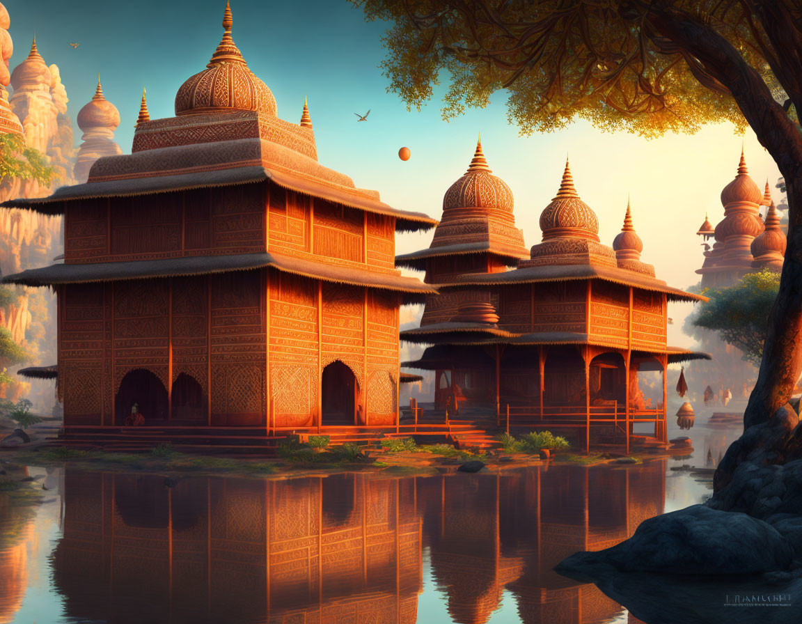 Intricate traditional-style buildings by serene water with sunset backdrop