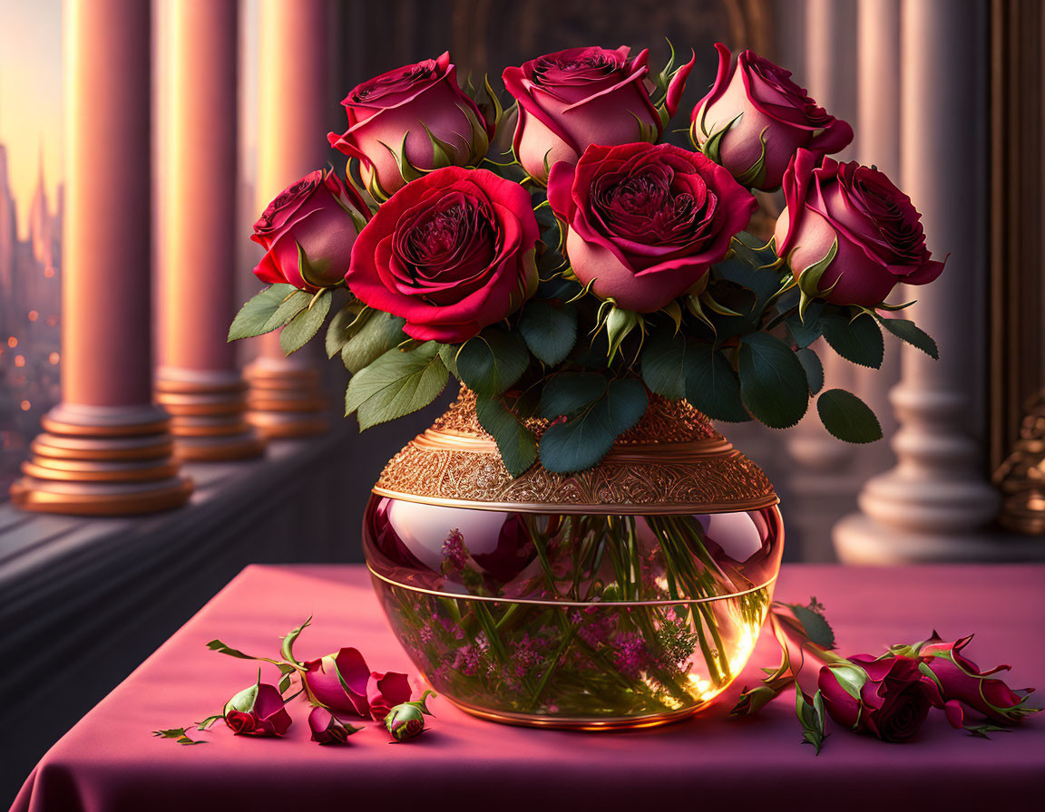 Red roses bouquet in gold-trimmed vase on mauve cloth with scattered petals, cityscape background