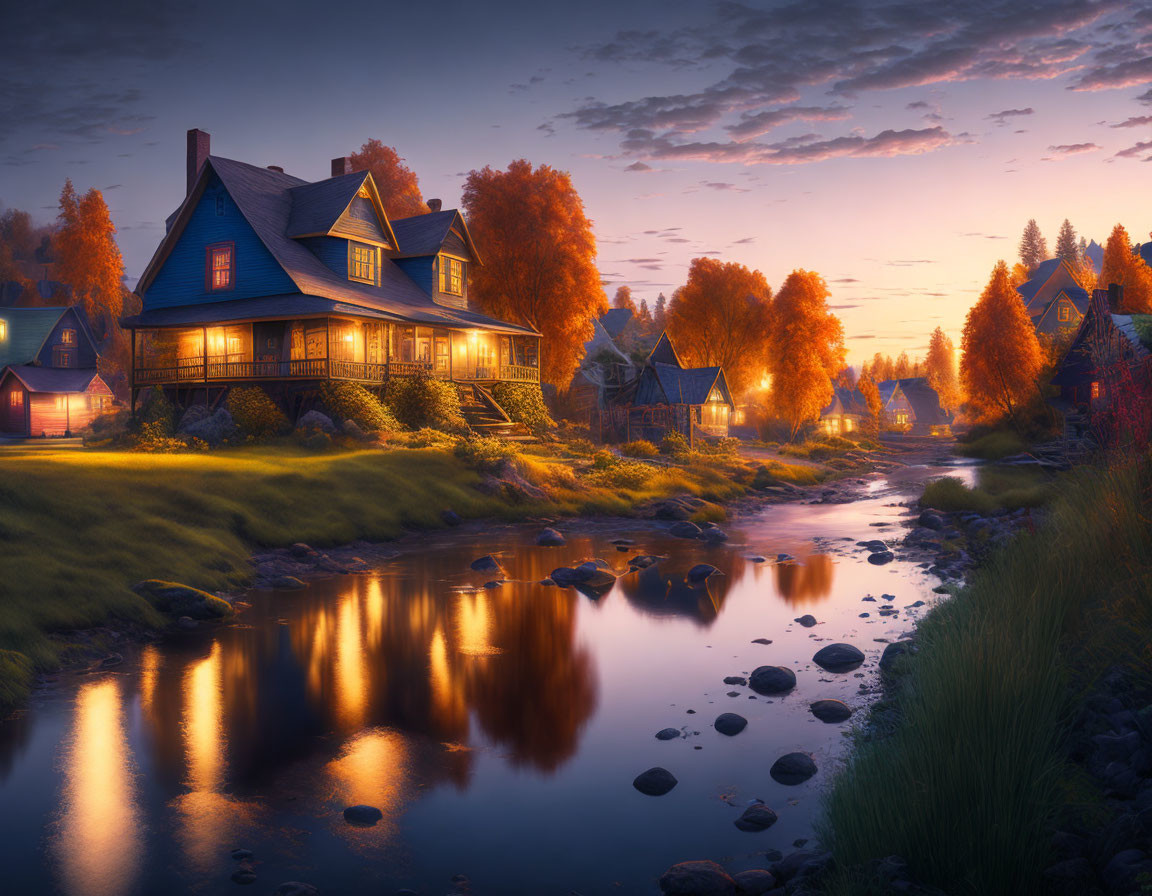 Tranquil autumn twilight landscape with illuminated house by stream