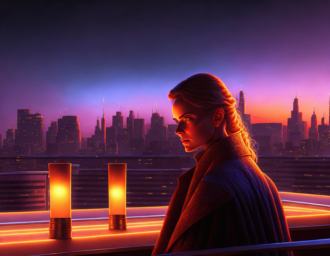 Digital illustration: Woman with stern expression in neon-lit cityscape.