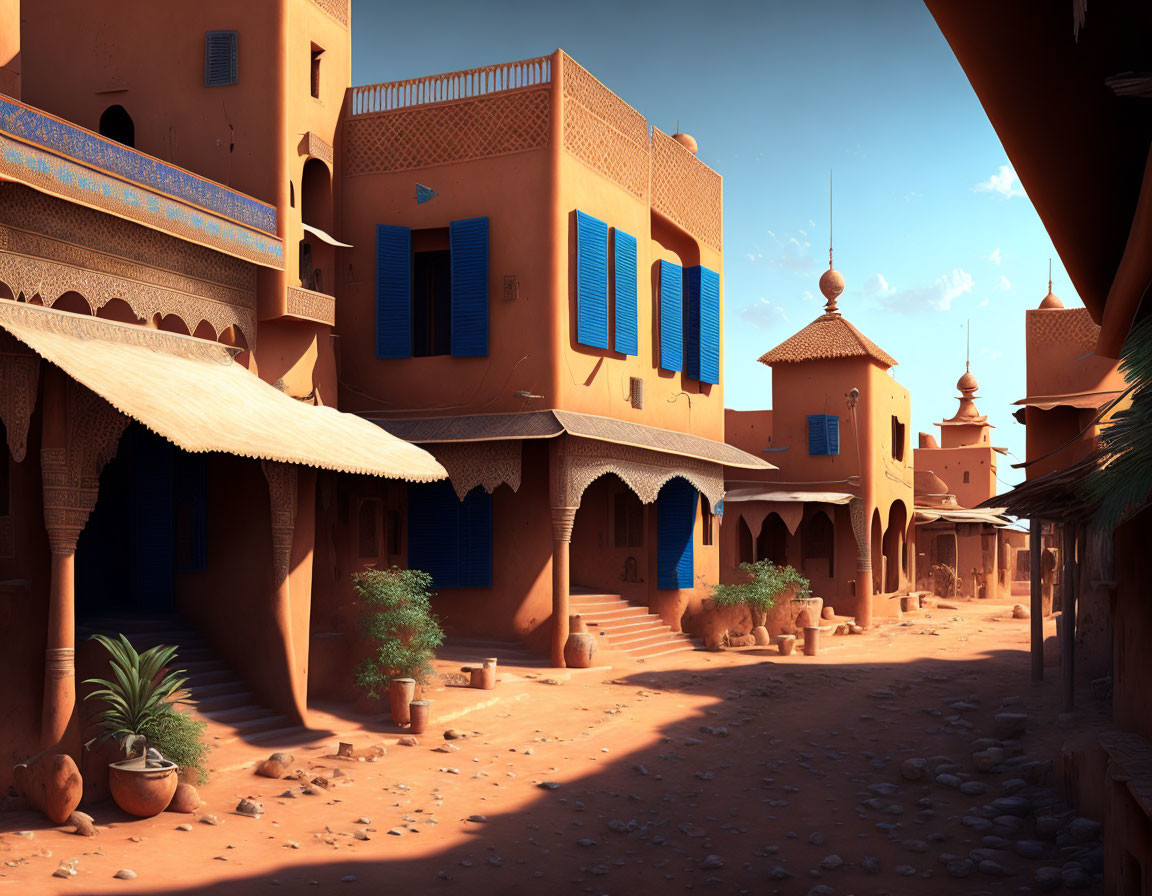 Traditional Desert Village Street with Earthen Architecture and Blue Shuttered Windows