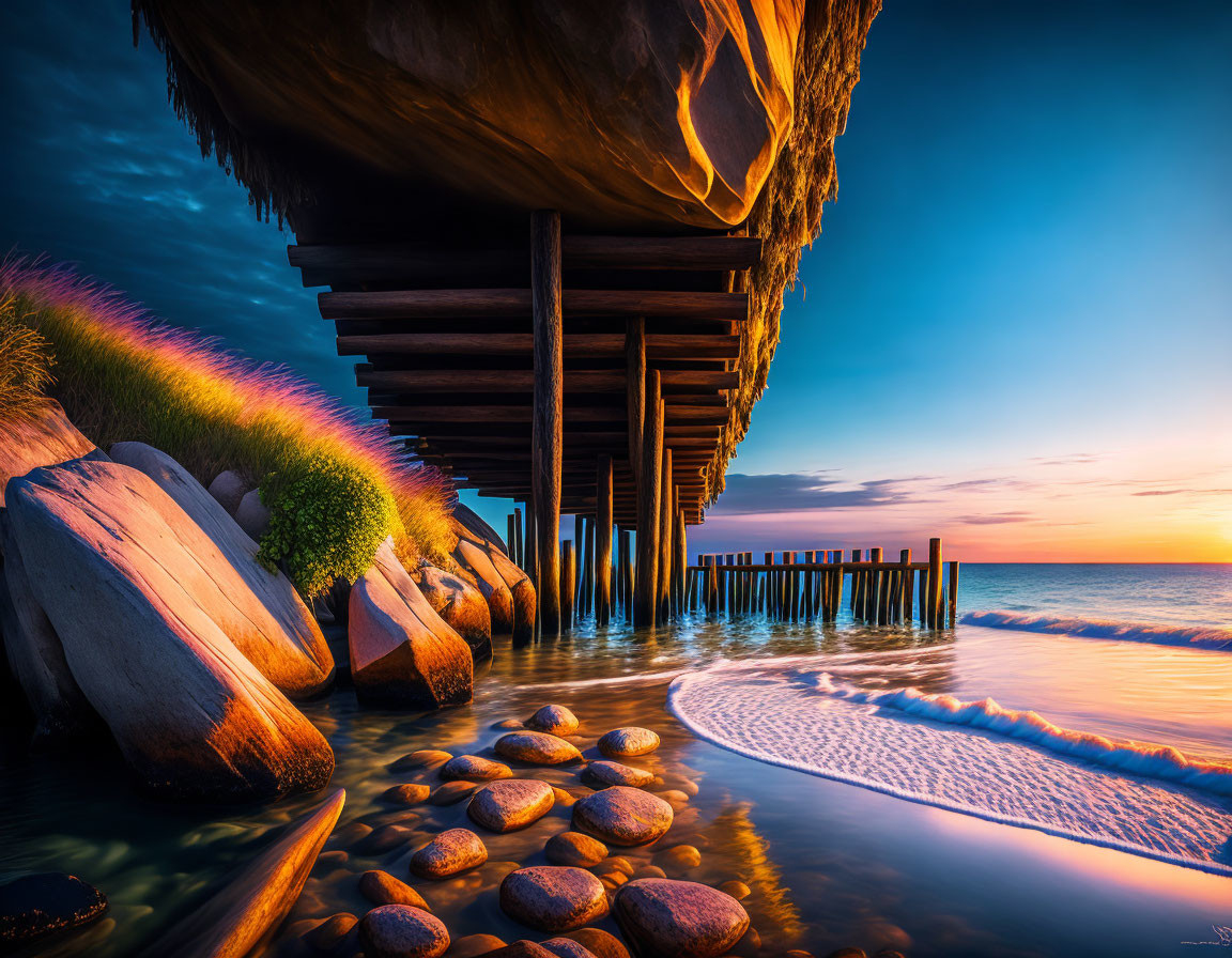 Tranquil beach sunset with wooden pier and vibrant sky