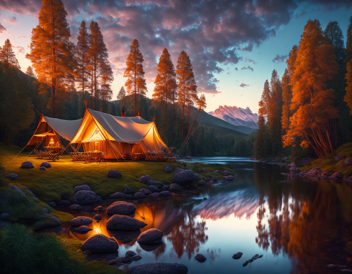 Tranquil campsite by reflective river at dusk with glowing tent and pine trees, mountains in background