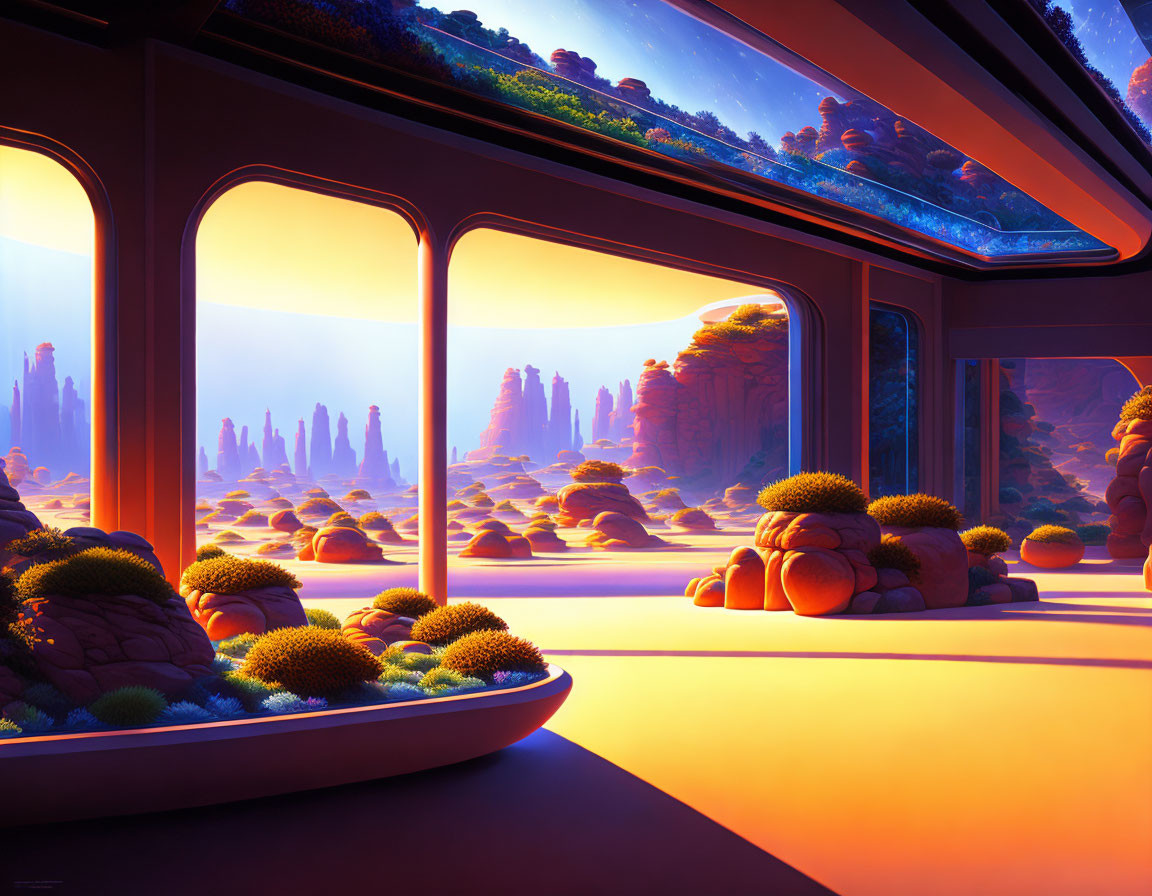 Futuristic room with large windows overlooking alien landscape