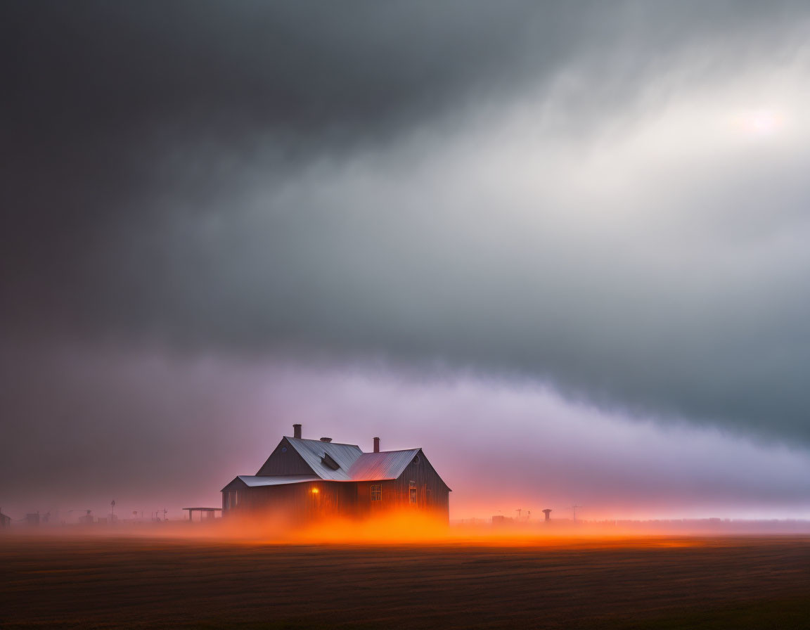 Solitary House Illuminated in Orange Light Amid Stormy Landscape