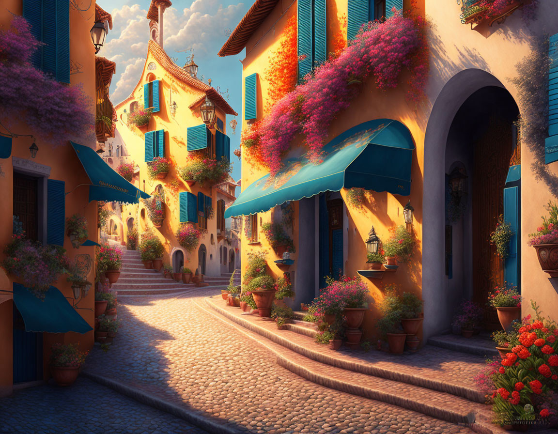 Picturesque European cobblestone street with colorful buildings and vibrant flowers under golden sunlight