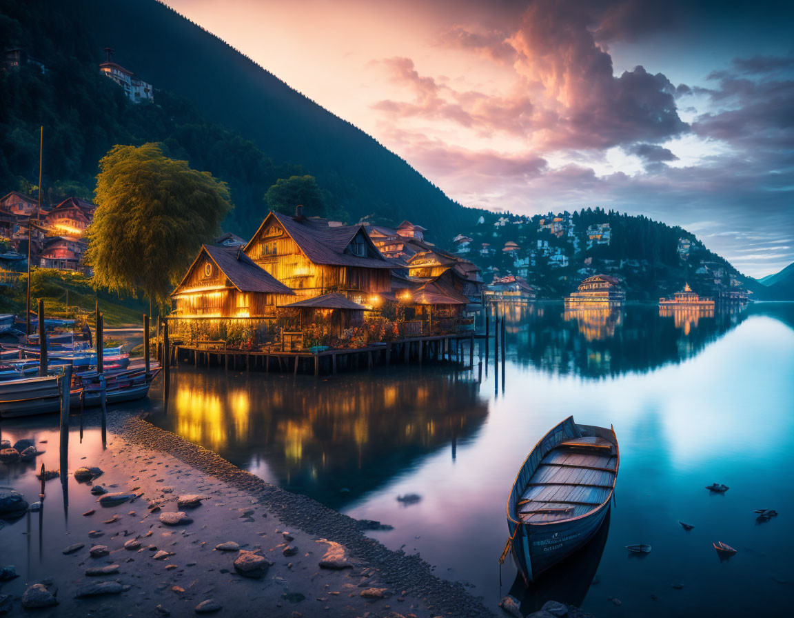 Serene lake at twilight with village on stilts, reflections, boat, and hills