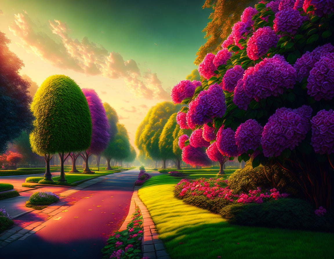 Scenic garden path with lush green trees, vibrant purple flowers, and warm sunset glow