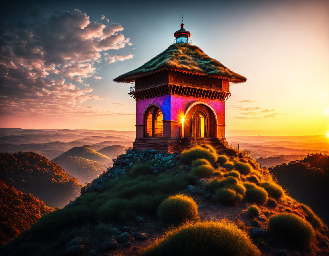 Hilltop Pavilion with Vibrant Sunset and Warm Glow