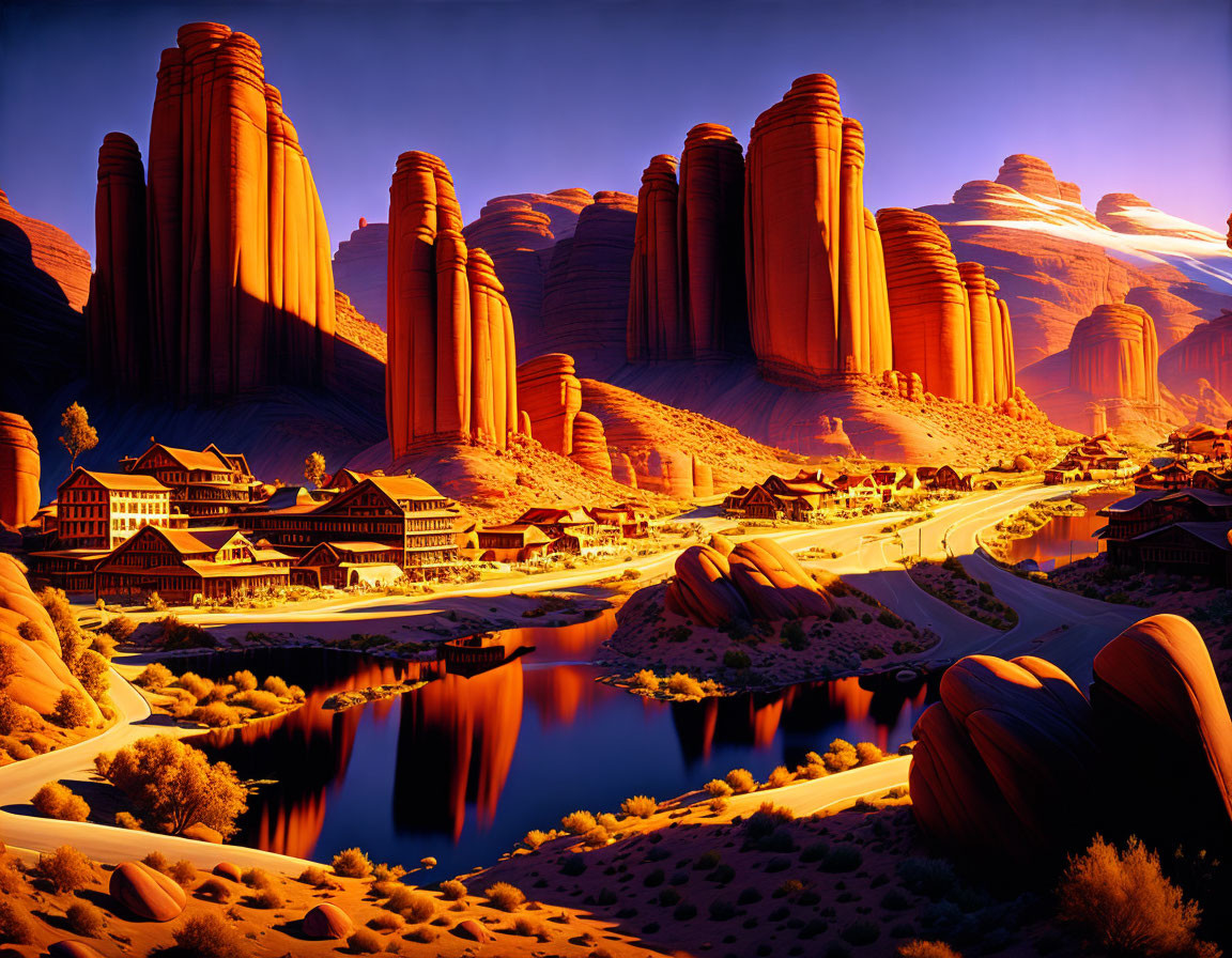 Vibrant village and red rock formations by reflective river at sunset