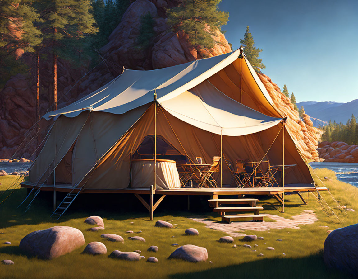 Riverside canvas tent with outdoor furniture in forested cliffs