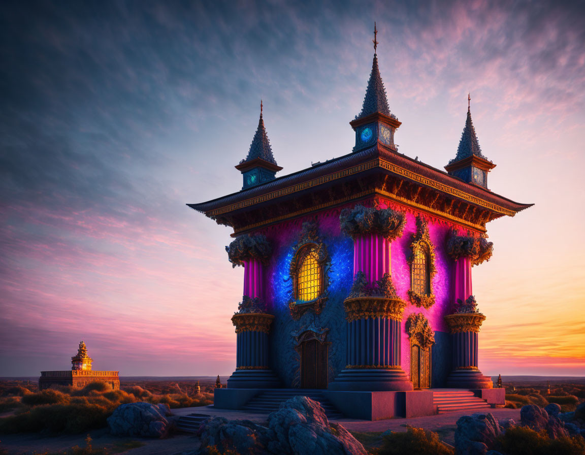 Ornate temple with spires under vibrant sunset sky