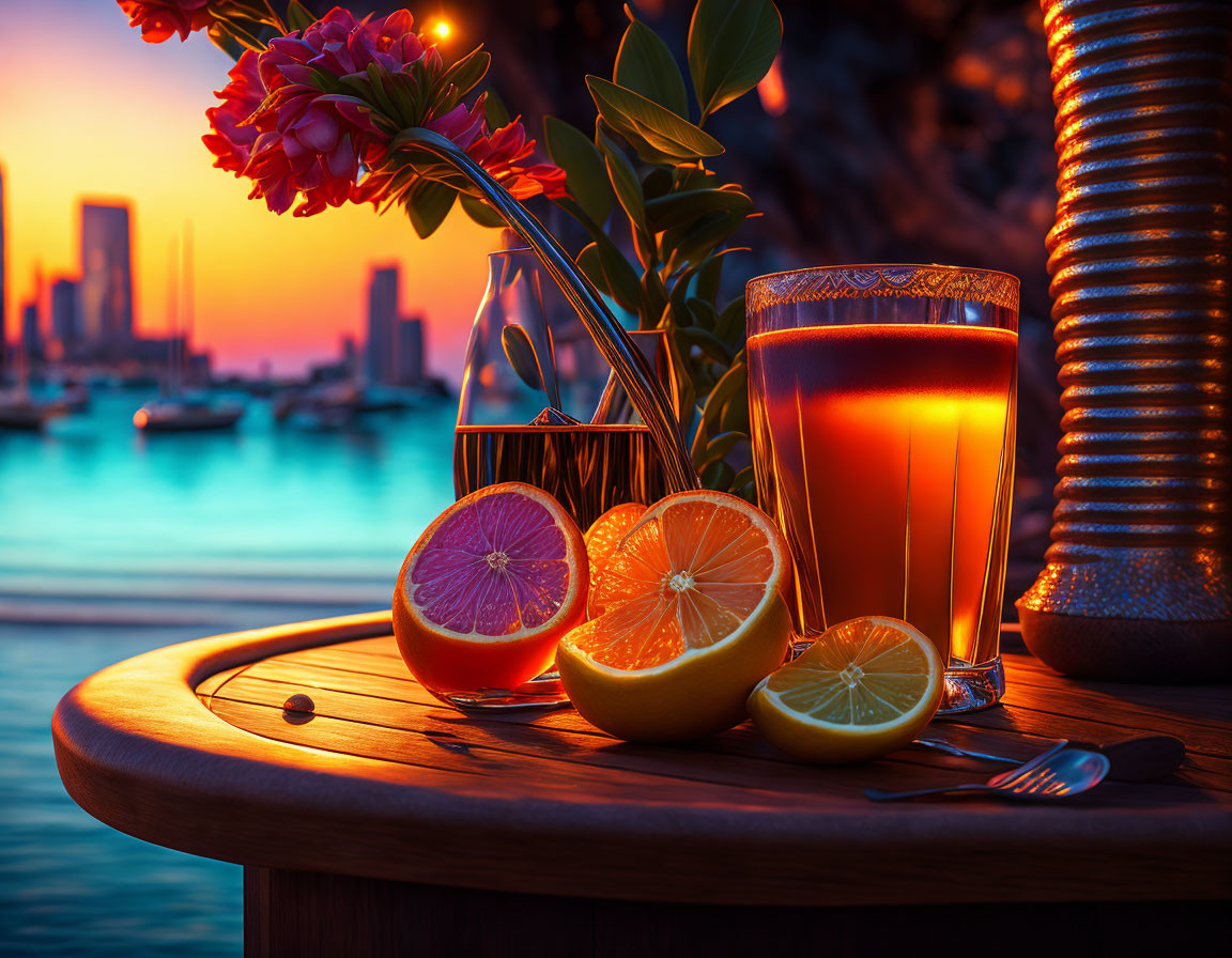 Orange juice glass on wooden tray with halved oranges, vase, cityscape at sunset.