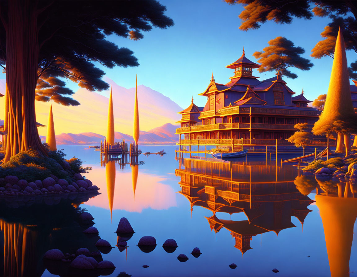 Japanese pagoda by reflective lake at sunset with mountains and pine trees