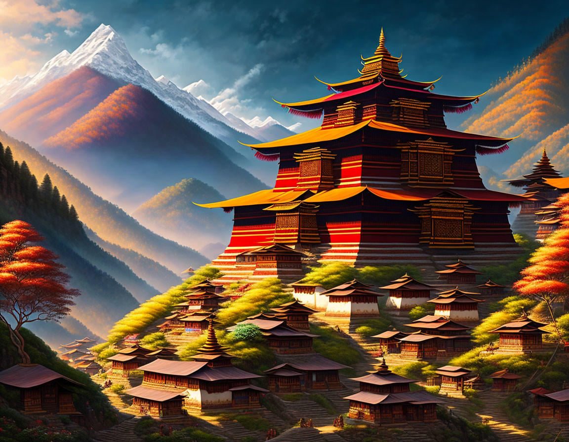 Asian Temple Surrounded by Autumnal Landscape