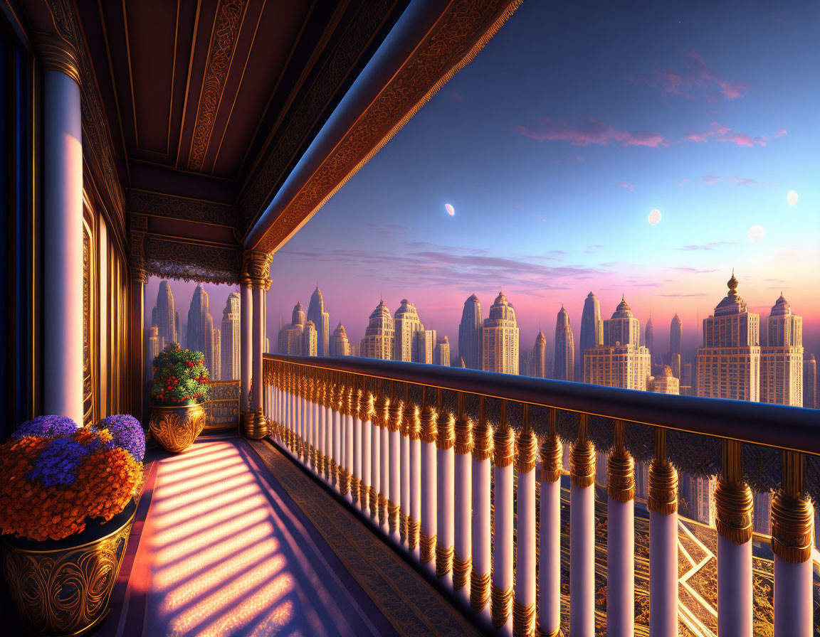 Ornate balcony with city skyline view at sunset