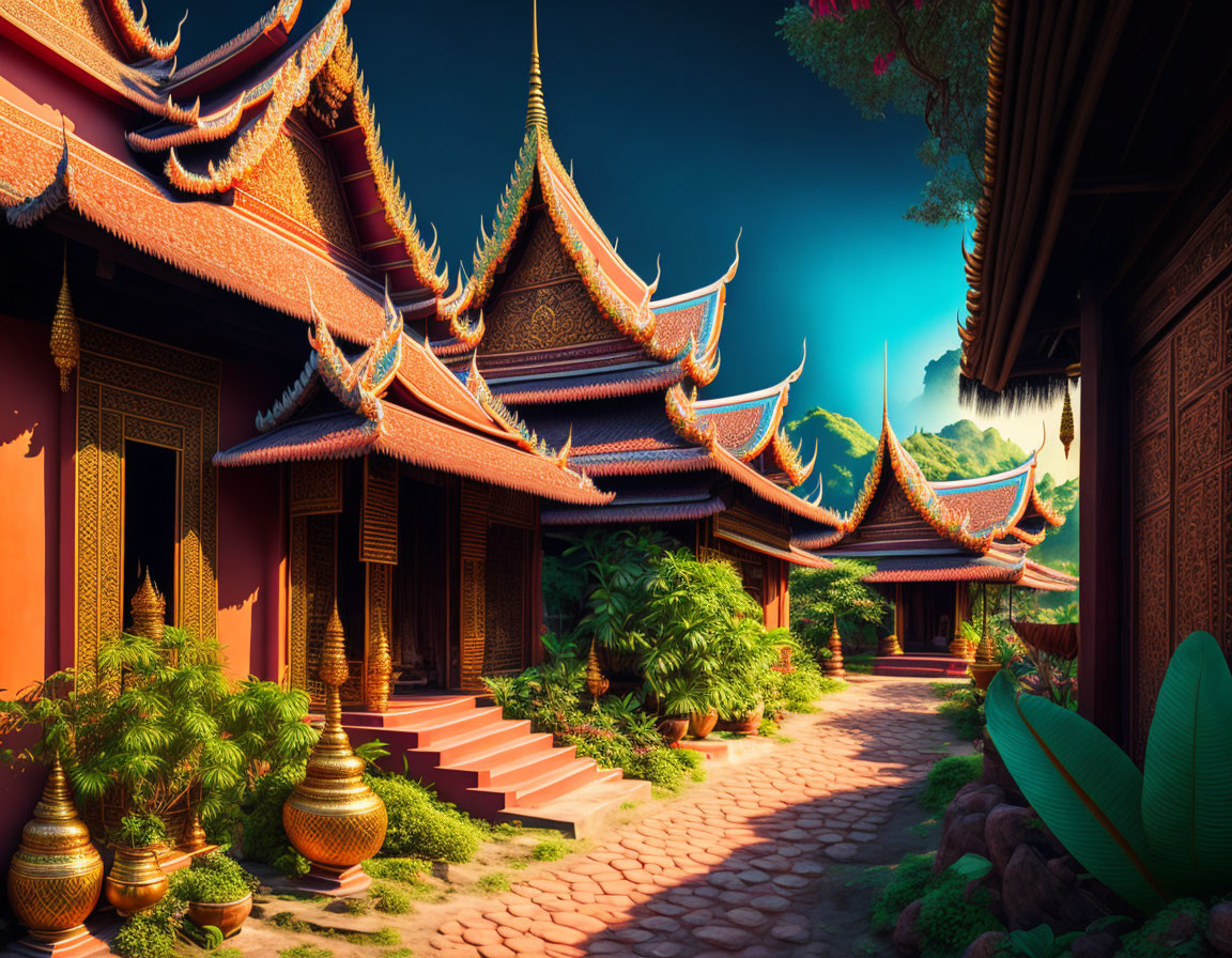 Intricate Rooftops of Traditional Asian Temple Amid Lush Greenery