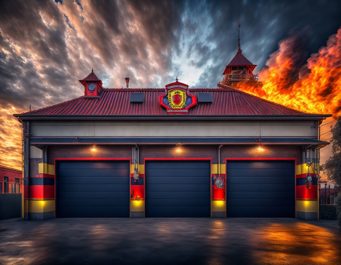 Fire station at sunset with fiery clouds - dramatic imagery of emergency service's bravery