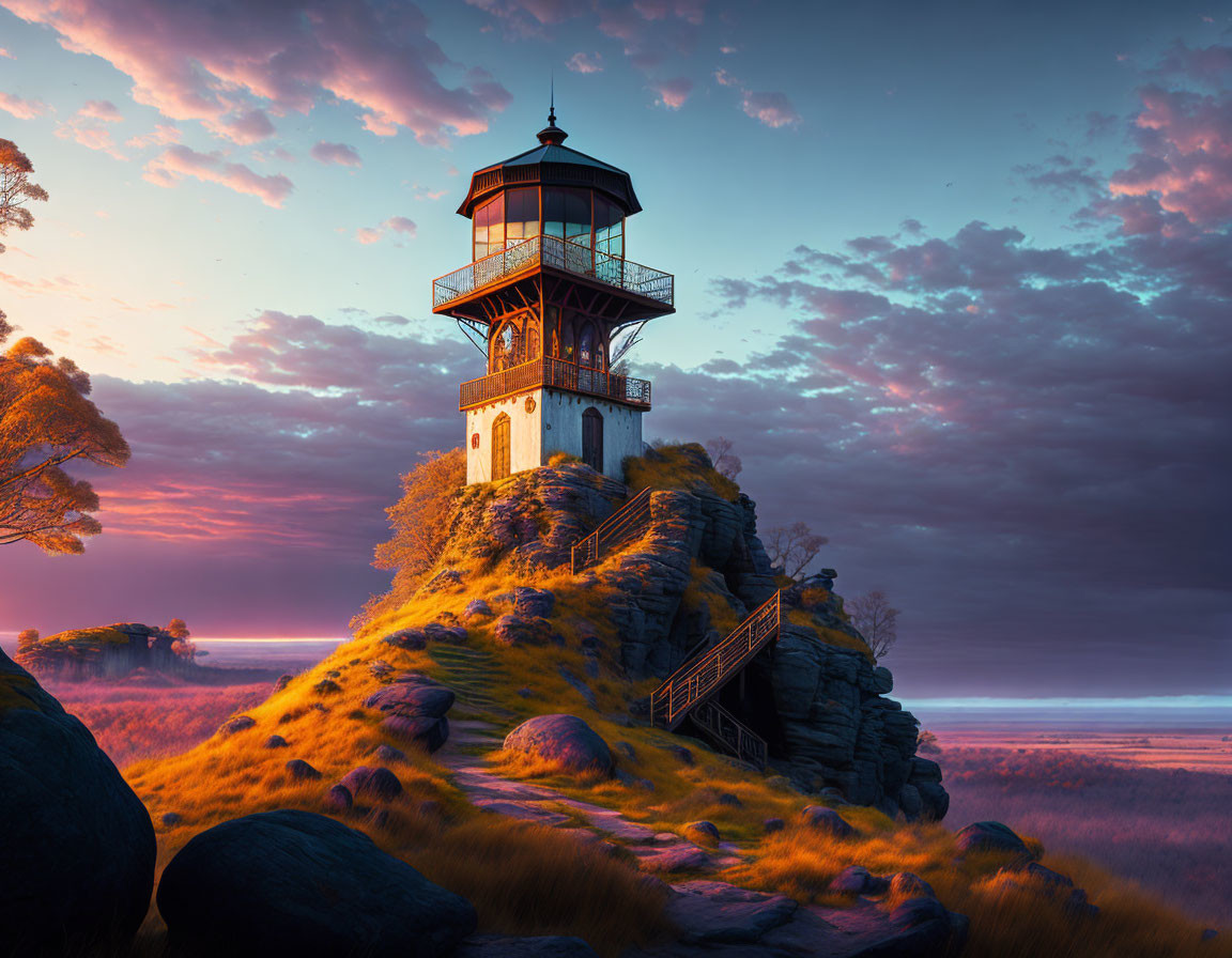 Old lighthouse on rocky hill under purple-pink sunset sky