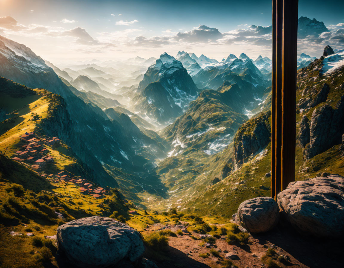 Scenic mountain valley with jagged peaks and village view